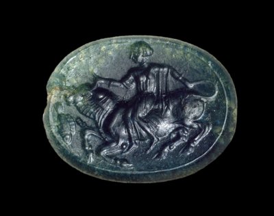 Scarabee met afbeelding van Europa en de stier, Grieks uit Cyprus, late archaïsche periode (jade) door Greek